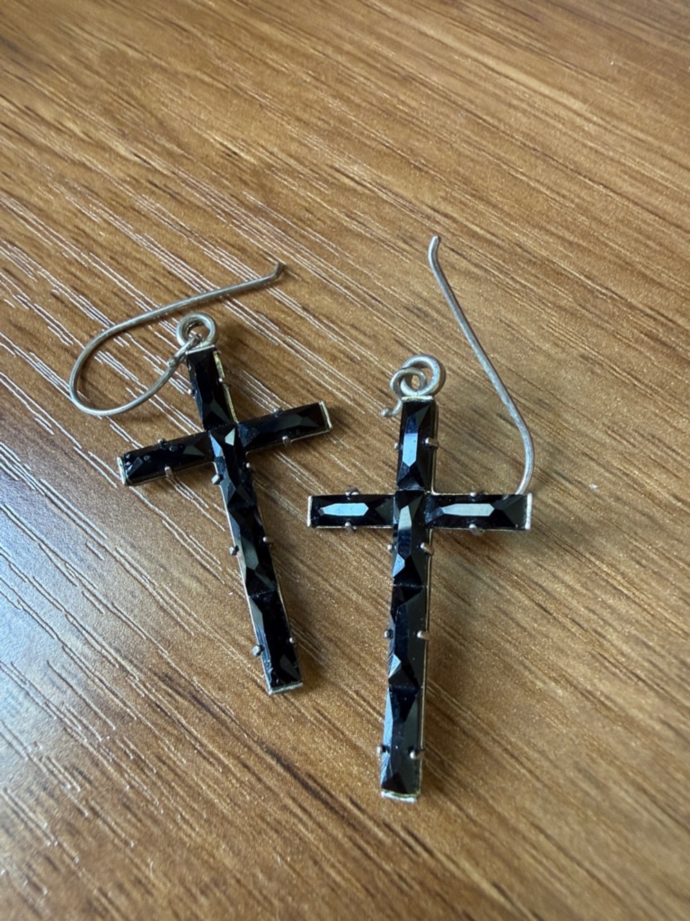 Virgins Saints & Angels Silver 924 Black Rhinestone Cross Drop Earrings - 1.5”